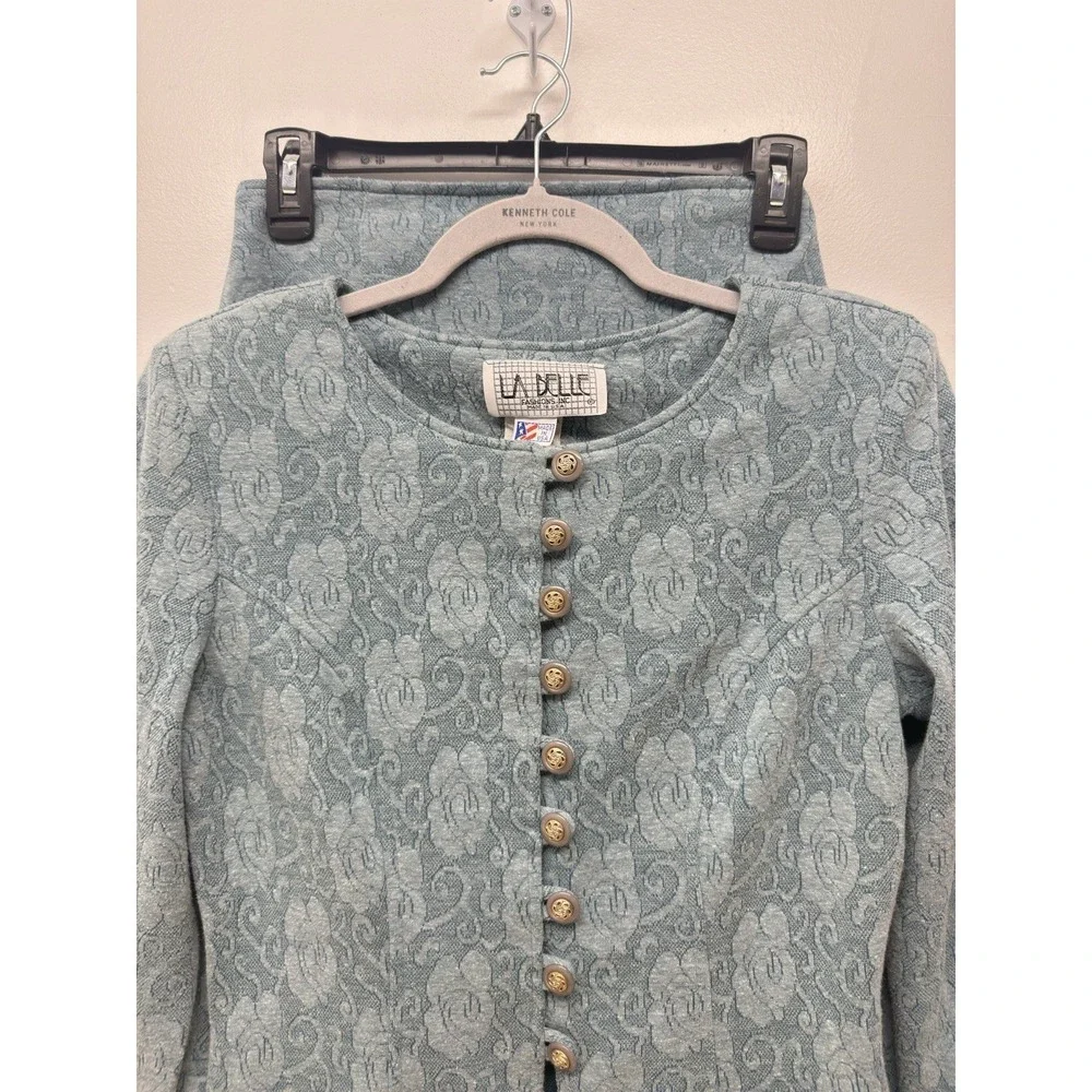 Vintage 80s La Belle Set Sage Green Floral Knit Jacket Size 11 Skirt‎ Size 7 #4